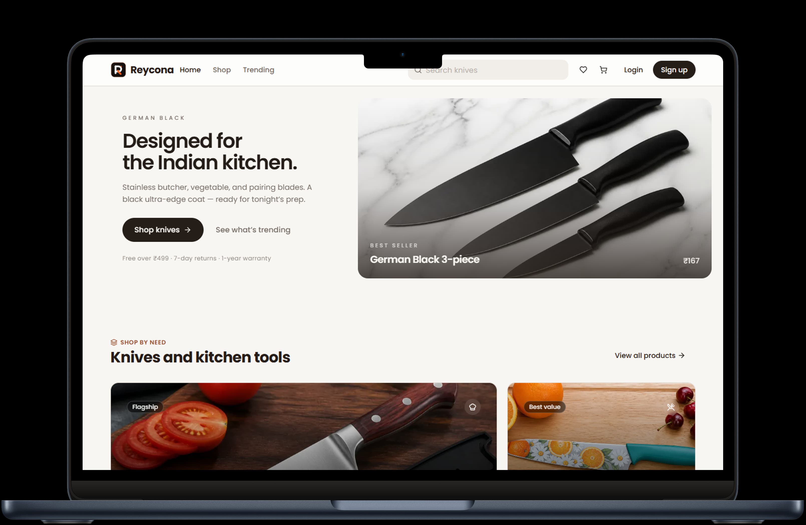 Reycona storefront: German Black knives for the Indian kitchen.
