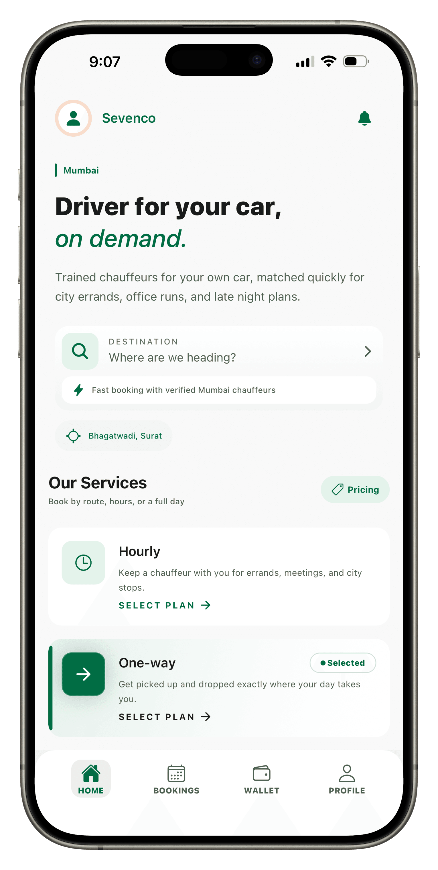 Sevenco home: request a chauffeur for the car you already own.