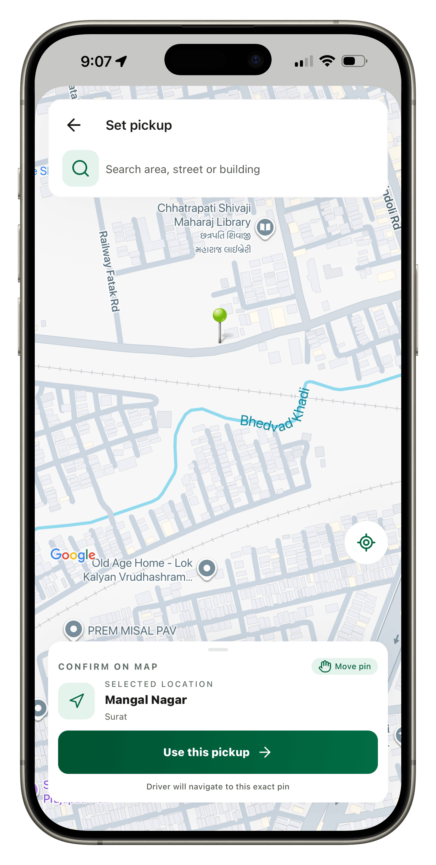 Pickup confirmation on Google Maps with a live pin.