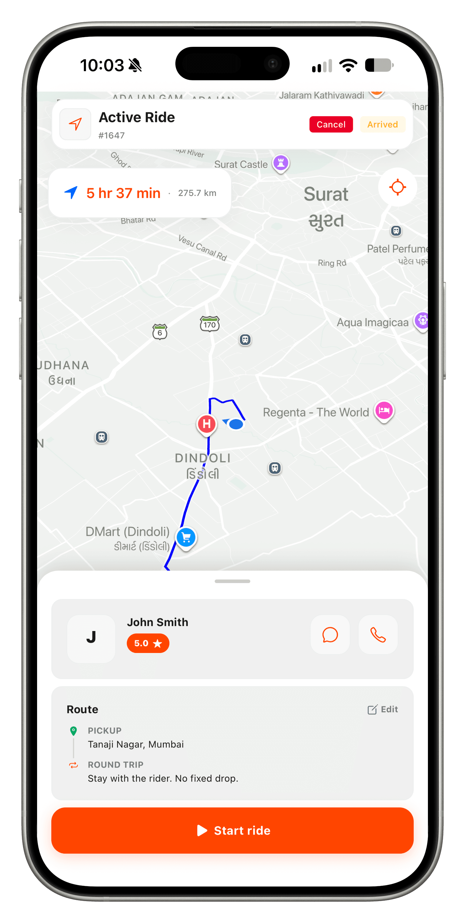 Arrived at pickup: start ride once the chauffeur is with the car.