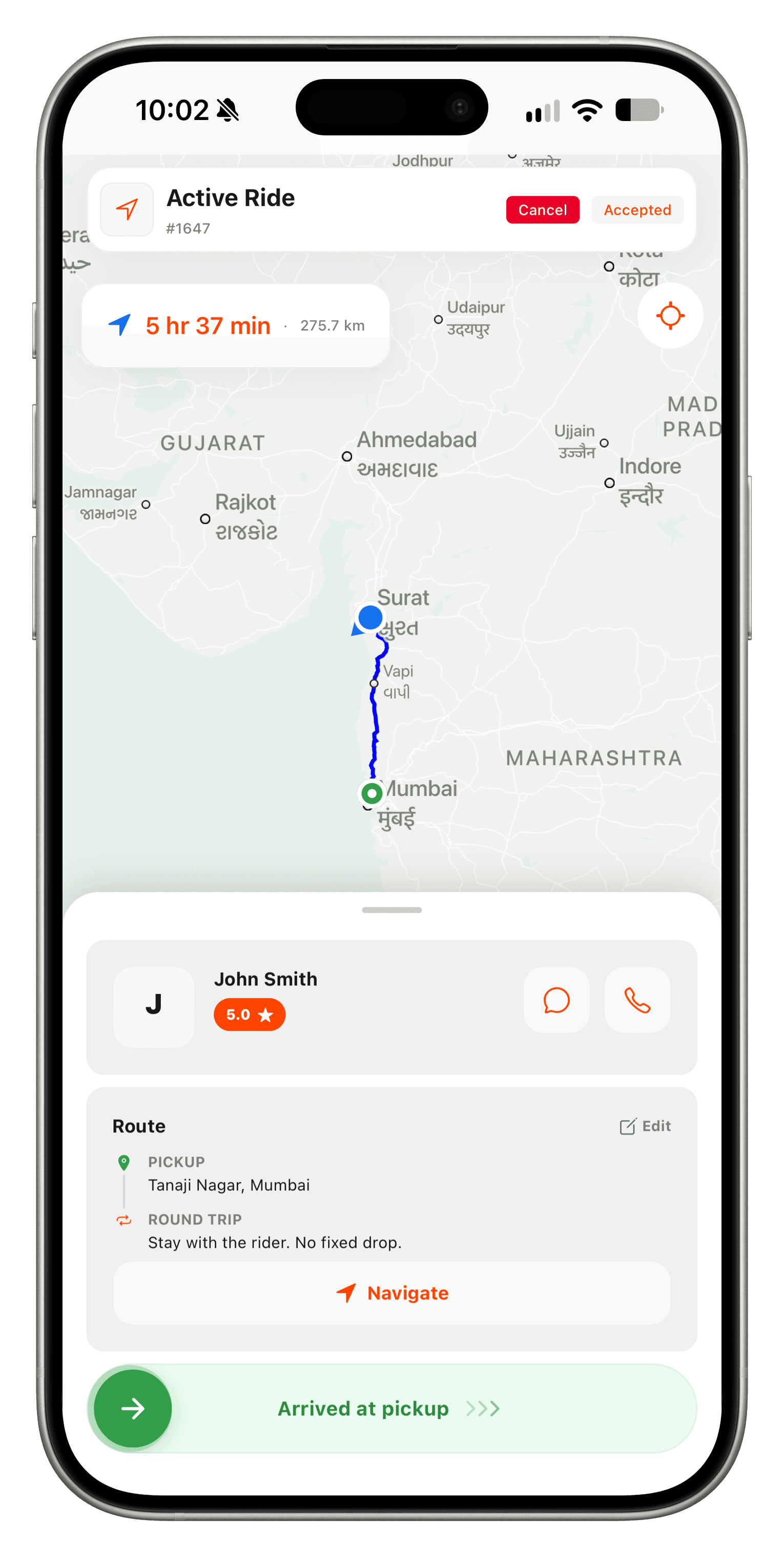 Active ride after accept: route to pickup, rider, navigate, arrived at pickup.