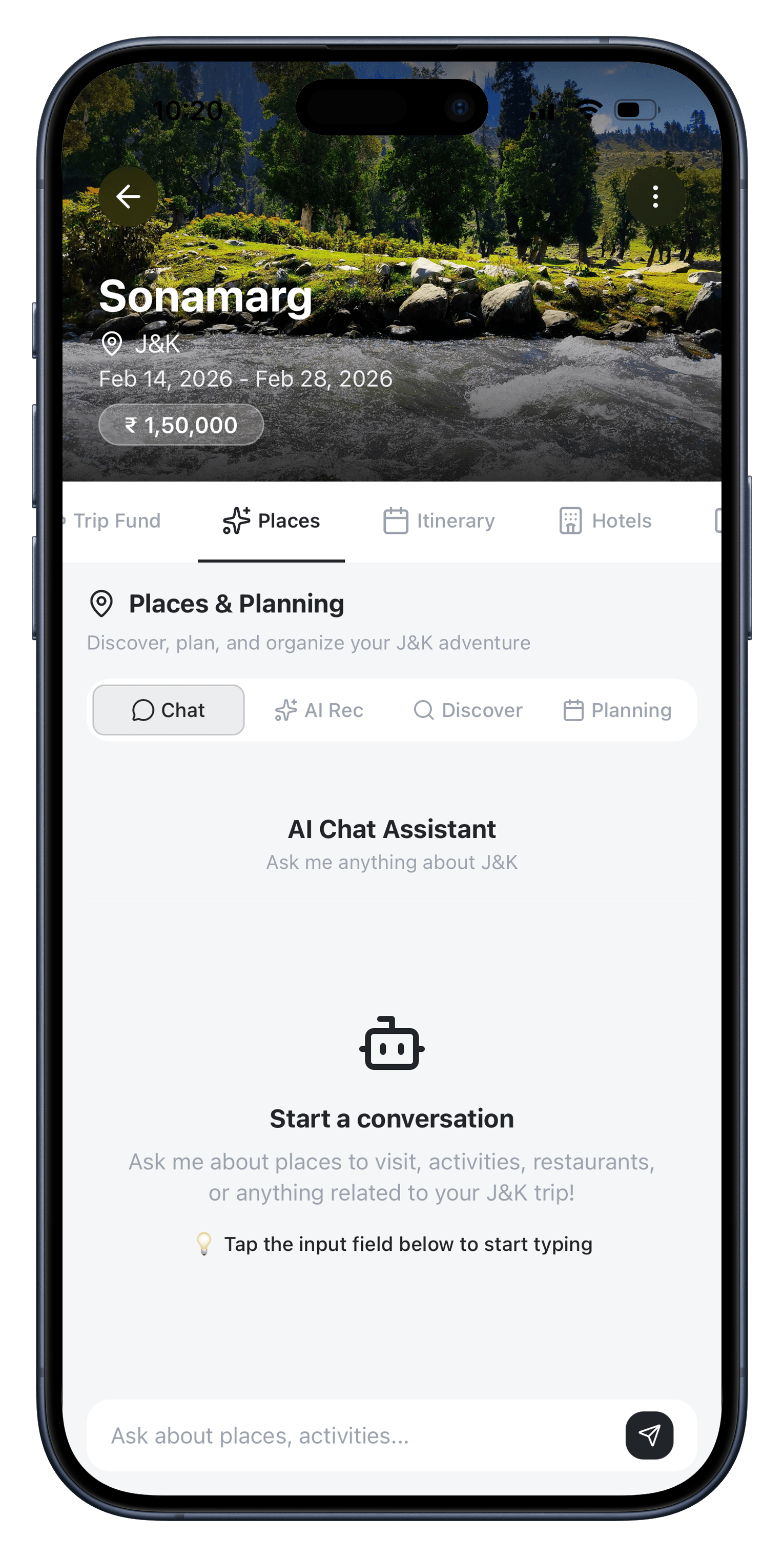 Places: trip AI — a day planned for these people, this place, this weather.